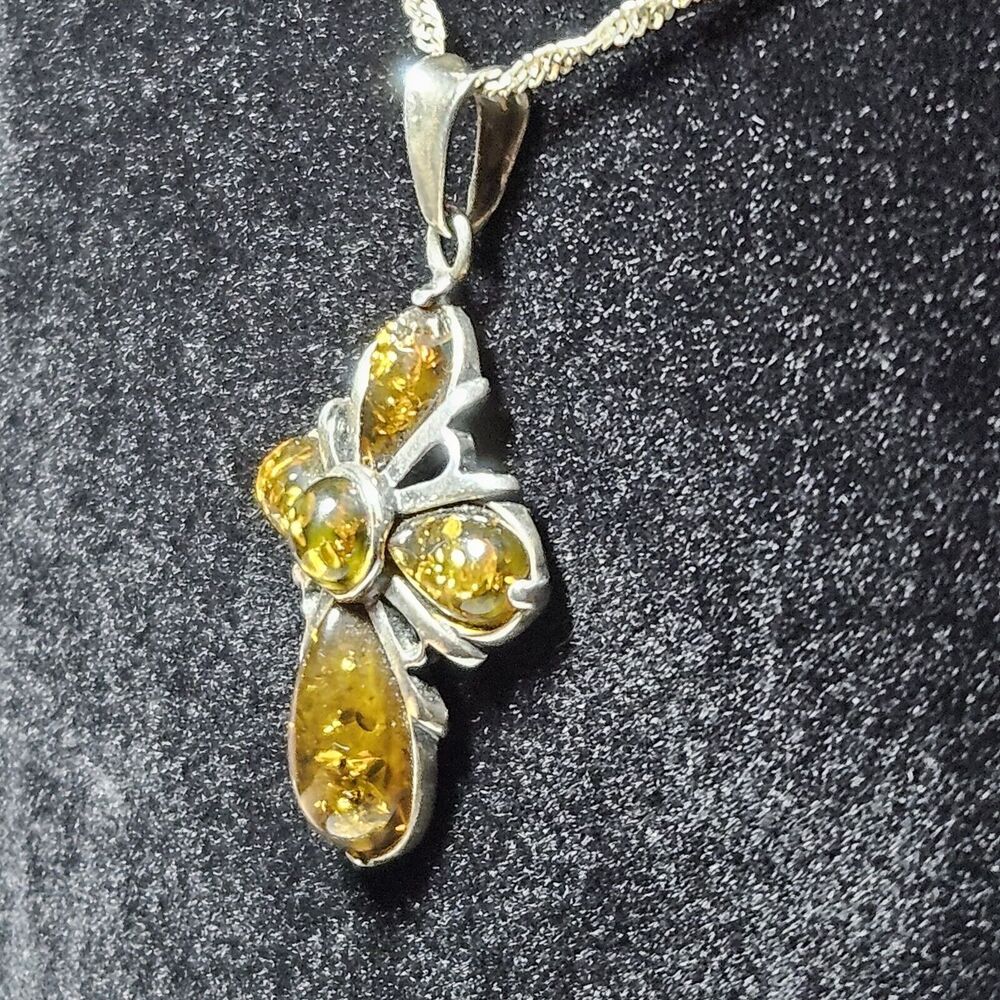 Vintage Sterling Silver Amber Cross Pendant Necklace Yellow Golden 18" - Picture 6 of 15